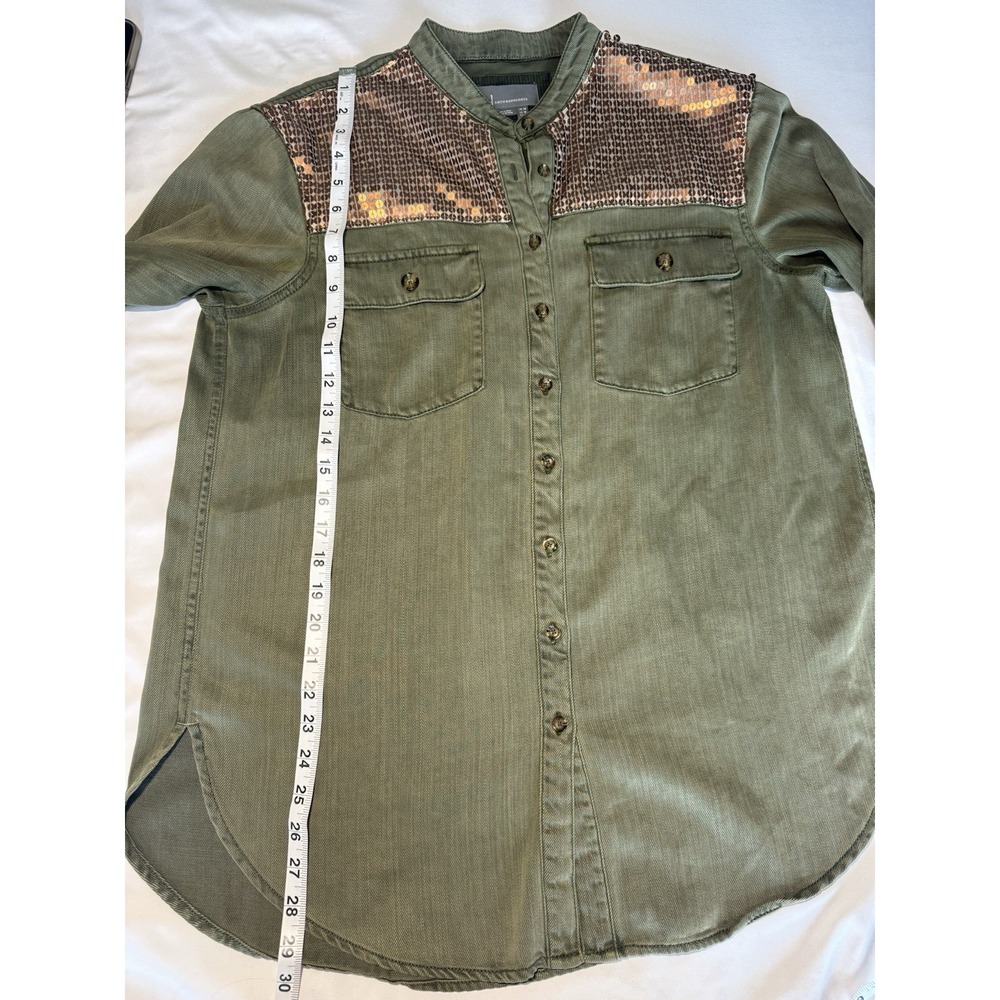Anthropologie Henley Top Women's 10 Green Sequin Button Up Long Sleeve Western - Picture 7 of 7